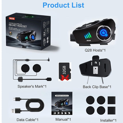 Motorcycle helmet headset product list with packaging, components, and accessories on a white background.