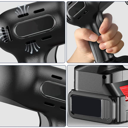 Close-up details of a black handheld device with a red button on a gray background