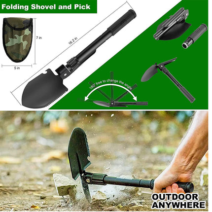 A folding shovel and pick set shown in a collage: top panel includes the shovel and pick in different views with dimensions, a camouflage storage pouch, and a flashlight; bottom panel shows a hand using the shovel outdoors on dirt and rock. Text reads 'Folding Shovel and Pick' and 'OUTDOOR ANYWHERE'.