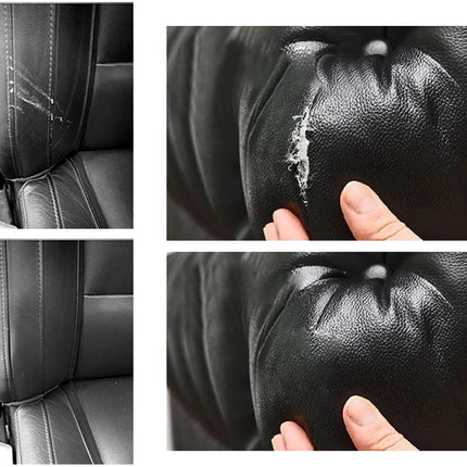 Collage of a car seat with a scratch, a hand holding the scratch, and a close-up of the scratch.