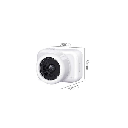 White camera lens with dimensions labeled on a white background