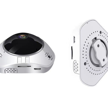 A white smart security camera shown from two angles: a front view with a black lens dome and side speaker grilles, and a back view showing a mounting plate and screw holes, on a plain white background.