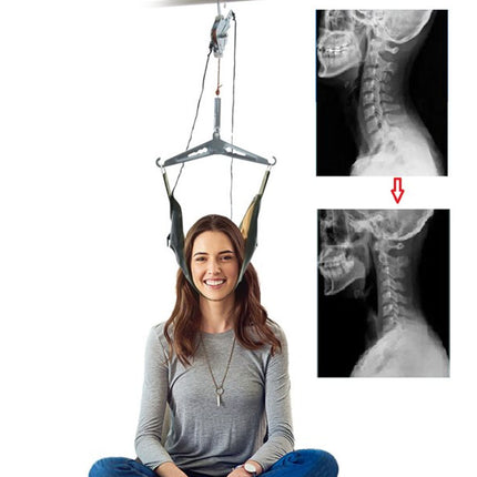 Woman sitting on a medical device with X-ray images of a neck on a white background