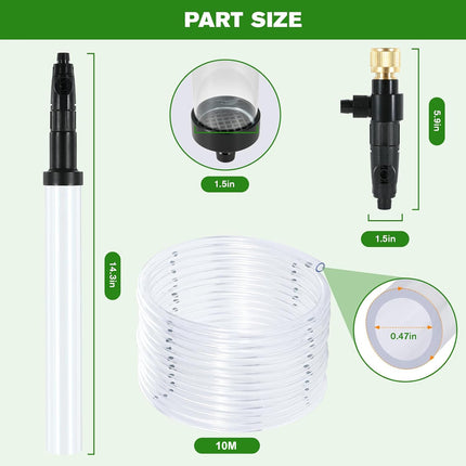 Measurement chart for garden hose parts including nozzle, connector, and flexible hose with dimensions.