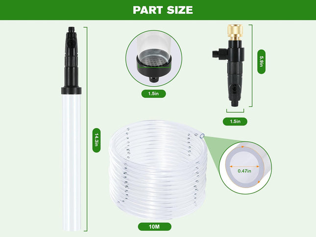 Measurement chart for garden hose parts including nozzle, connector, and flexible hose with dimensions.