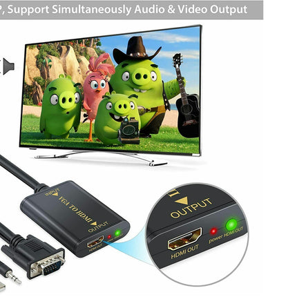 HDMI adapter with cables and TV displaying animated characters, featuring text about video and audio output.
