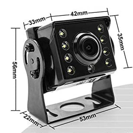 Black security camera with dimensions labeled on a white background