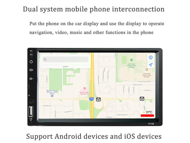 Car multimedia display with navigation map on a white background