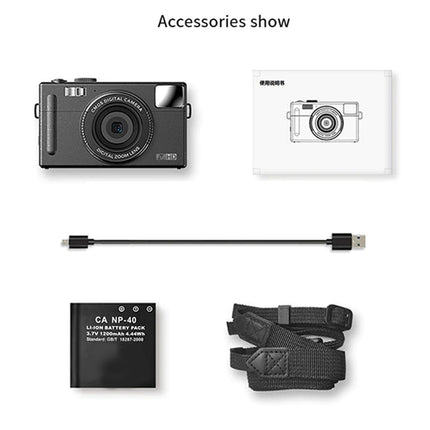 Collection of camera accessories including a camera, battery pack, strap, and USB cable on a white background.