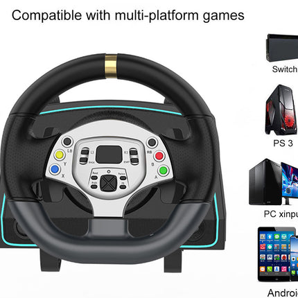 Gaming steering wheel compatible with multiple platforms on a white background