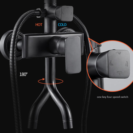 Black shower faucet with hose and temperature indicators on a black background