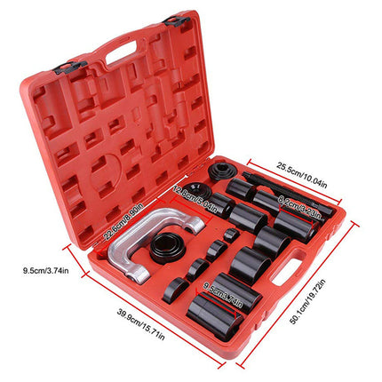 Red tool kit with measurement labels on a white background