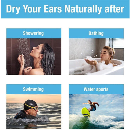 Instructions on how to dry ears naturally after showering, bathing, swimming, and water sports with corresponding images.