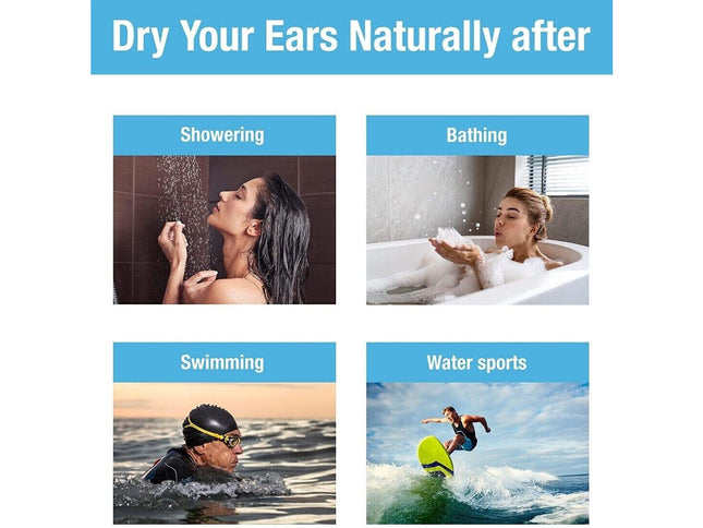 Instructions on how to dry ears naturally after showering, bathing, swimming, and water sports with corresponding images.