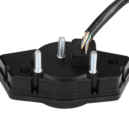 A black plastic electronic connector housing with three silver metal terminal screws and a black cable showing multicolored internal wires, isolated on a white background.