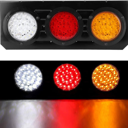 A rectangular automotive LED light assembly with three circular lights: a white/silver light on the left, a red light in the center, and an amber/yellow light on the right, shown both unlit and lit against a black background.