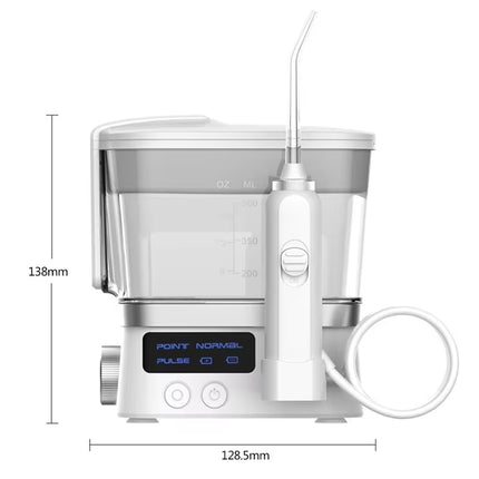 A white and silver oral irrigator with a measuring tape nozzle, shown with dimension lines indicating a height of 138mm and a width of 128.5mm on a white background.