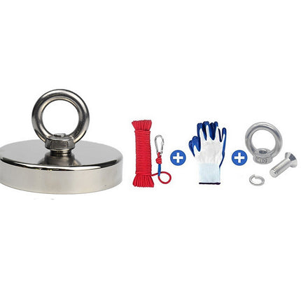 Set of magnetic tools including a large magnet, rope, gloves, and other accessories on a white background.