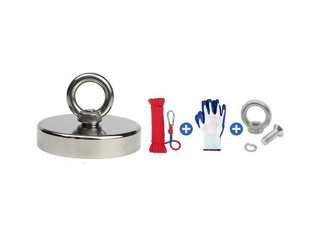 Set of magnetic tools including a large magnet, rope, gloves, and other accessories on a white background.