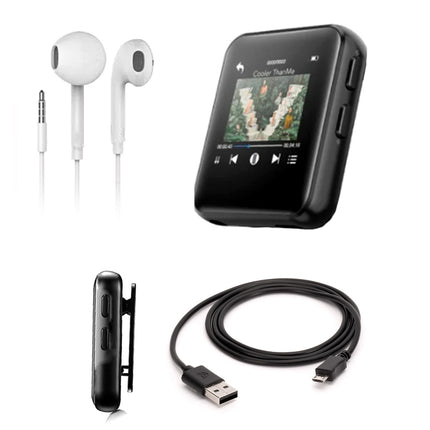 Black portable music player with a screen, shown with white wired earphones, a black USB cable, and a black clip on a white background.