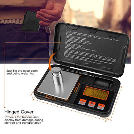 Digital pocket scale with hinged cover and measurement details on a white background