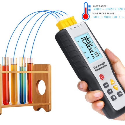 A hand holds a digital thermometer probe with a yellow connector and blue wire leads next to a wooden stand holding several colorful test tubes. A small spec chart appears in the top right on a white background.