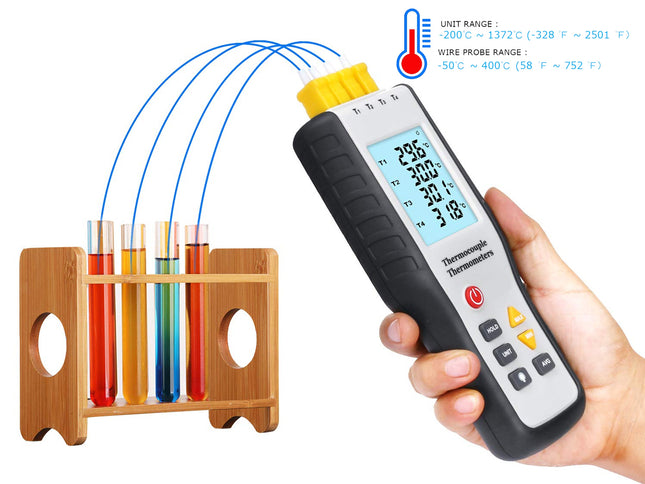 A hand holds a digital thermometer probe with a yellow connector and blue wire leads next to a wooden stand holding several colorful test tubes. A small spec chart appears in the top right on a white background.