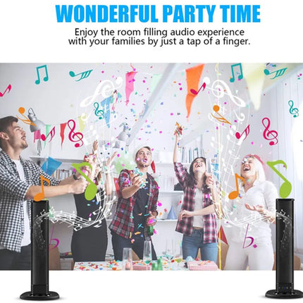 Advertisement for a room-filling audio experience with people celebrating and music notes in the air.