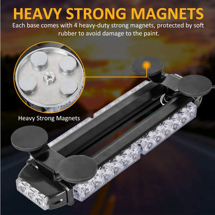 A black LED light bar with four strong adhesive magnets shown on a dark gradient background, with text explaining the magnets and a circular inset highlighting the magnetic bases.