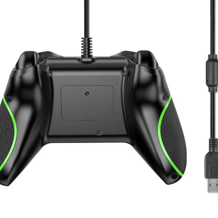 Black gaming controller with green accents and USB cable on a white background