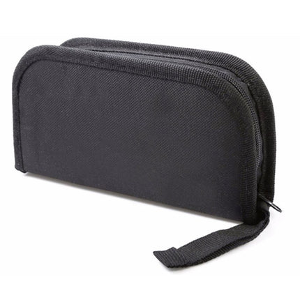 Black zippered pouch on a white background