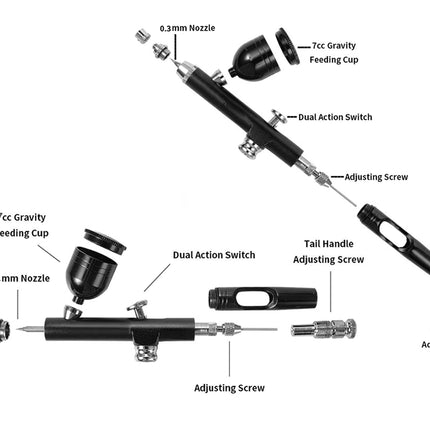 Technical product diagram of a dual-action spray paint gun with labeled parts including 0.3mm nozzle, 7cc gravity feeding cup, dual action switch, adjusting screws, and tail handle adjustment screw on a white background.