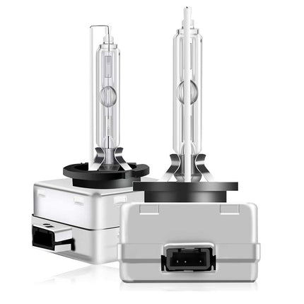 Two car headlight bulbs in packaging on a white background