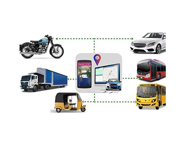 Illustration of various vehicles connected to a central app interface on a white background