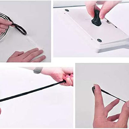 Step-by-step process of using a black cable tie on a white surface.