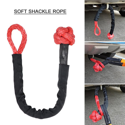 Black soft shackle rope with red ends on a white background, used for vehicle towing.