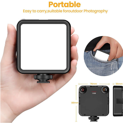 Portable photography light held in a hand with additional images and text on a white background