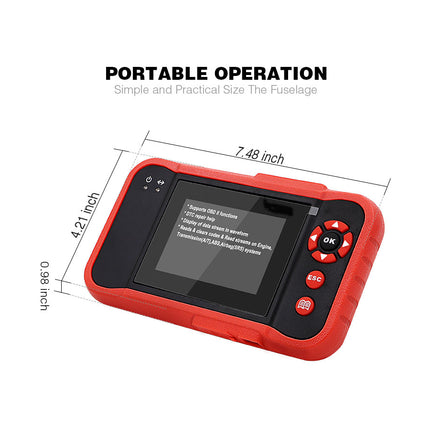 Red diagnostic tool with dimensions on a white background