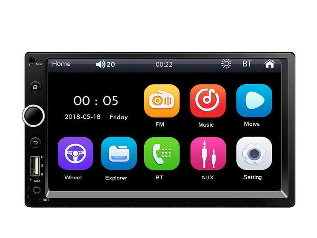 Car multimedia system with touch screen display and various icons on a white background