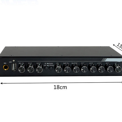 Black multi-channel audio amplifier or speaker receiver with dimension labels showing 18cm length, 13cm depth, and 3.5cm height on a white background.
