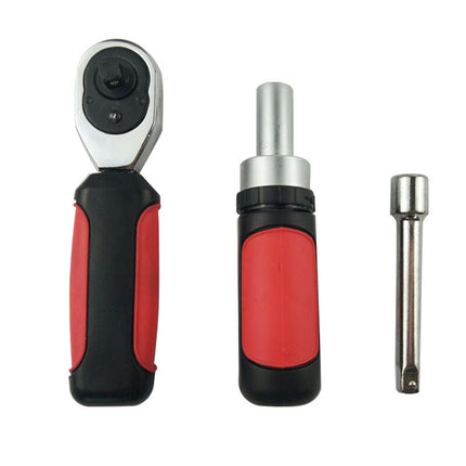 Red and black ratchet tool set with additional drill bit on a white background