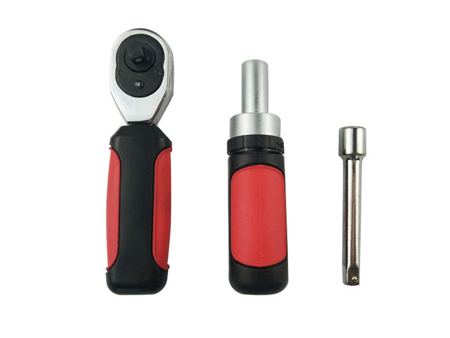 Red and black ratchet tool set with additional drill bit on a white background