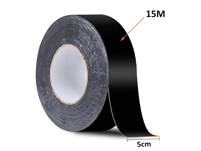 Roll of black tape with measurements on a white background