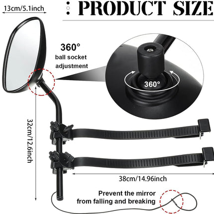 Product size diagram for a black motorcycle side mirror with adjustable mounting straps, showing dimensions, a 360-degree ball socket adjustment inset, and text labels on a white background.