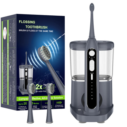 Flossing toothbrush with packaging and additional brushes on a white background