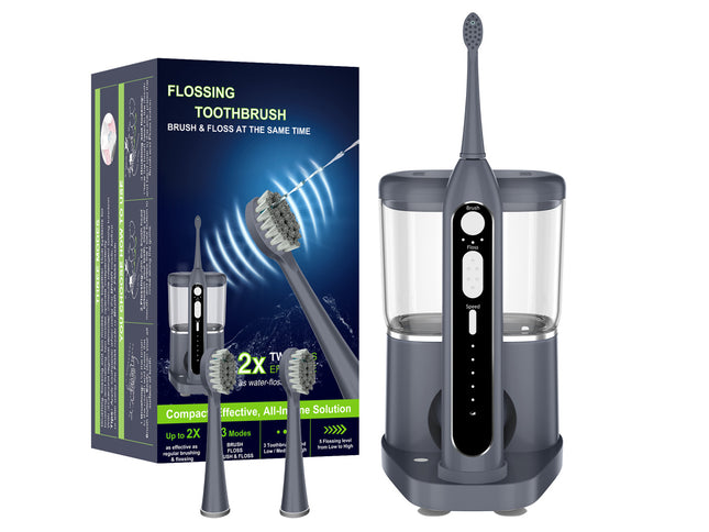 Flossing toothbrush with packaging and additional brushes on a white background