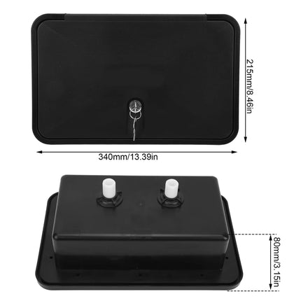 Black rectangular electronic control box or panel shown from two angles on a white background, with dimension labels indicating 340mm by 215mm and additional 80mm depth measurements.