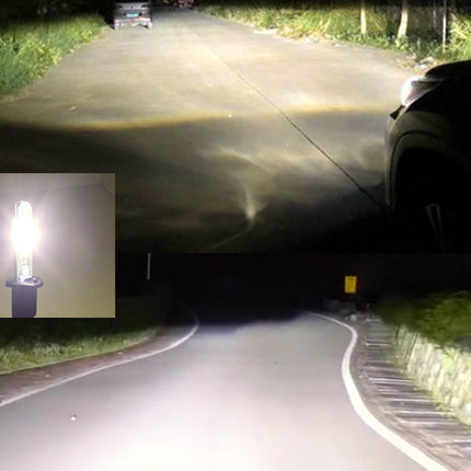 Car headlights on a road with a close-up inset of a bright light bulb.