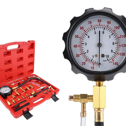 Mechanical pressure gauge with red tool case on a white background