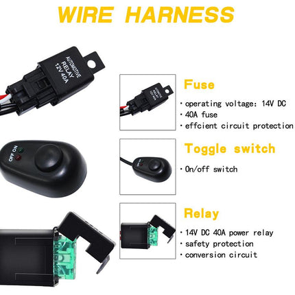 Wiring harness components including a fuse, toggle switch, and relay on a white background.